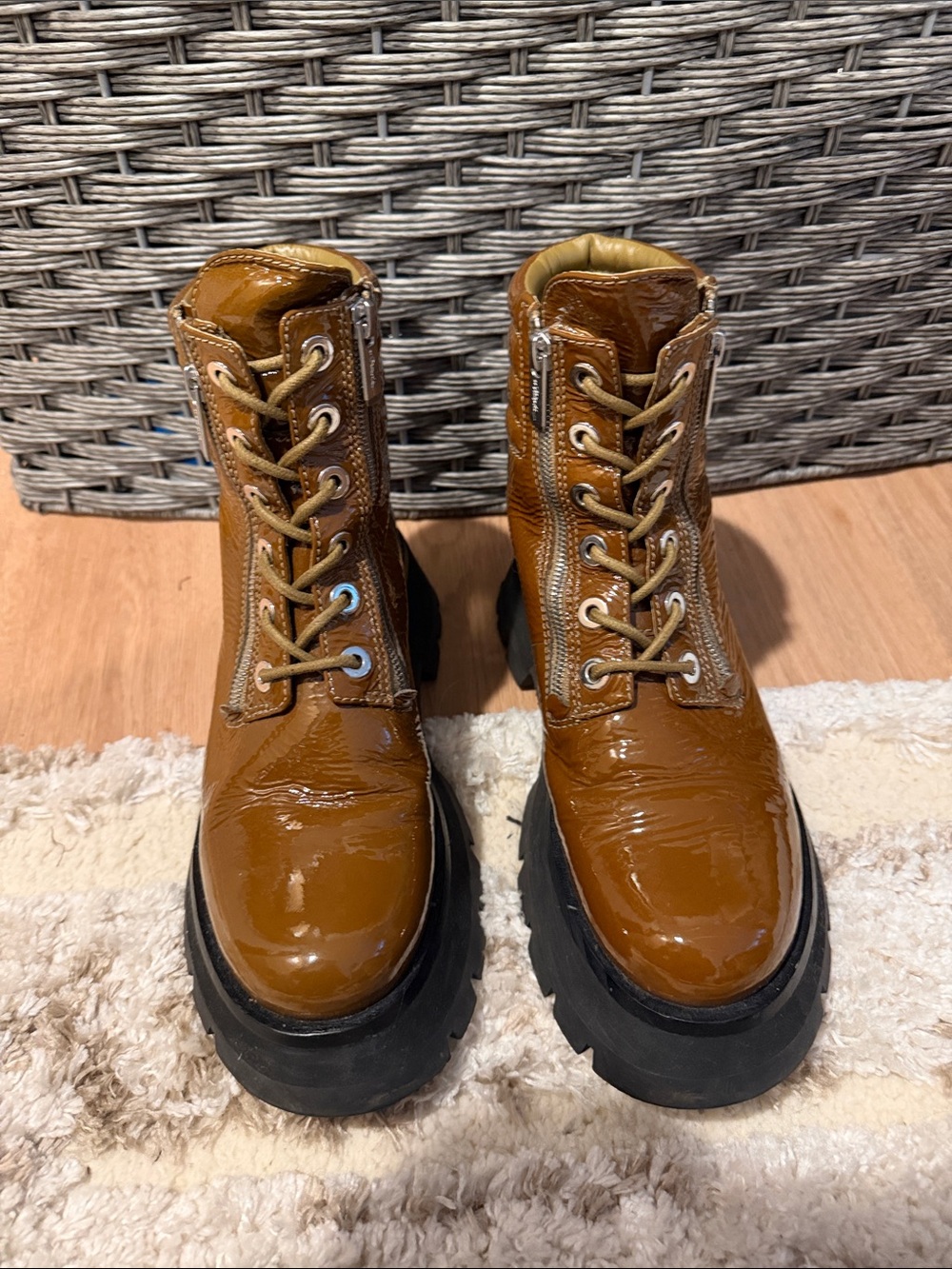 3.1 Phillip Lim Tan Patent Leather Chunky Combat Boots